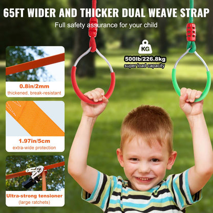 VEVOR Ninja Warrior Obstacle Course for Kids, 2 x 19.8m Weatherproof Slacklines, 500lbs Weight Capacity Monkey Line, Outdoor Playset Equipment, Backyard Toys Training Equipment Set with 12 Obstacles