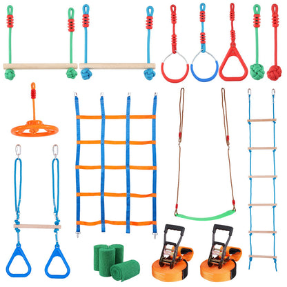 VEVOR Ninja Warrior Obstacle Course for Kids, 2 x 19.8m Weatherproof Slacklines, 500lbs Weight Capacity Monkey Line, Outdoor Playset Equipment, Backyard Toys Training Equipment Set with 12 Obstacles