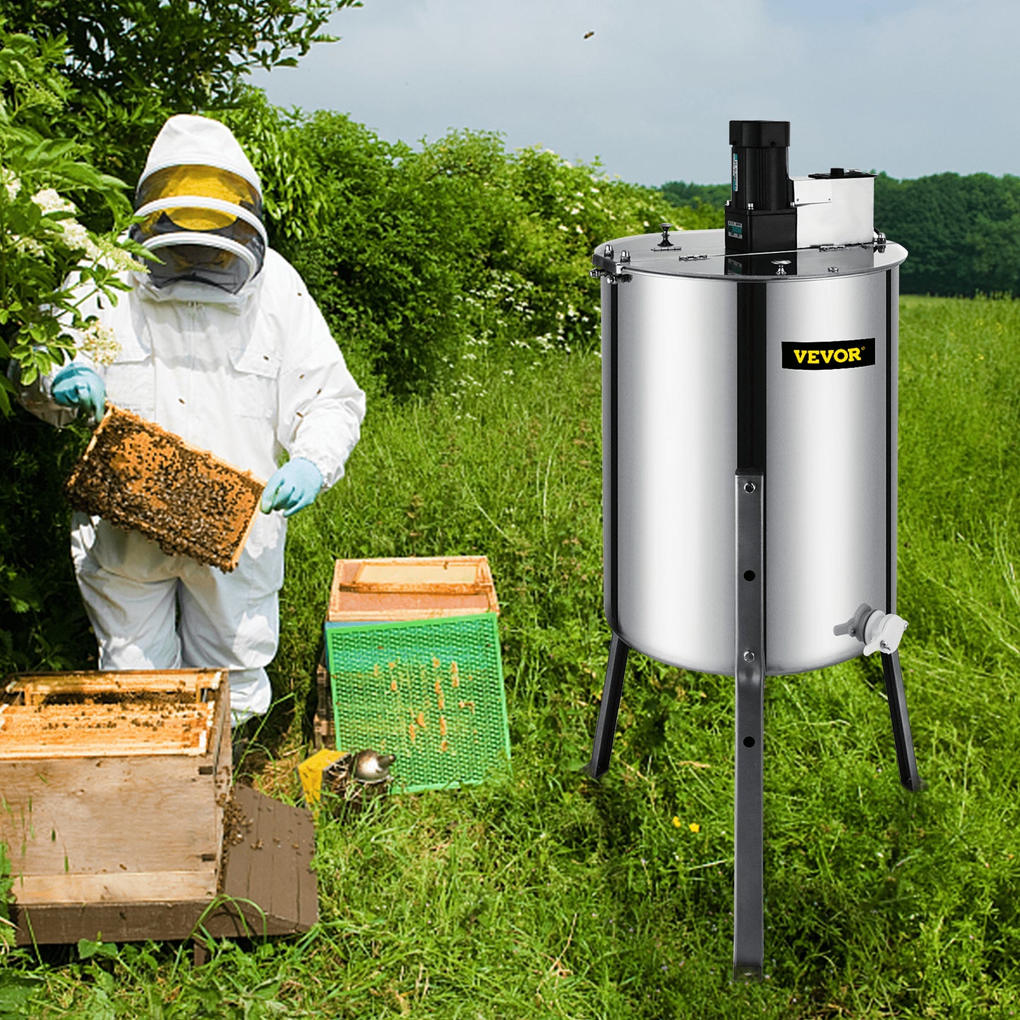 VEVOR 4 Frame Electric Honey Extractor Beekeeping 120 W Motor 2 Clear Lids