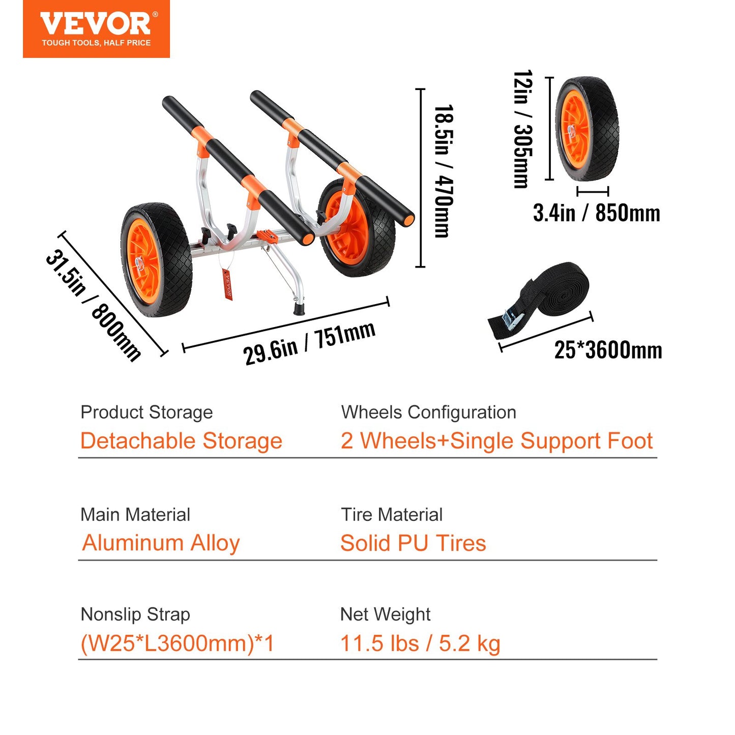 VEVOR Adjustable Kayak Cart Canoe Boat Carrier 450lbs Load with 12'' Solid Tires