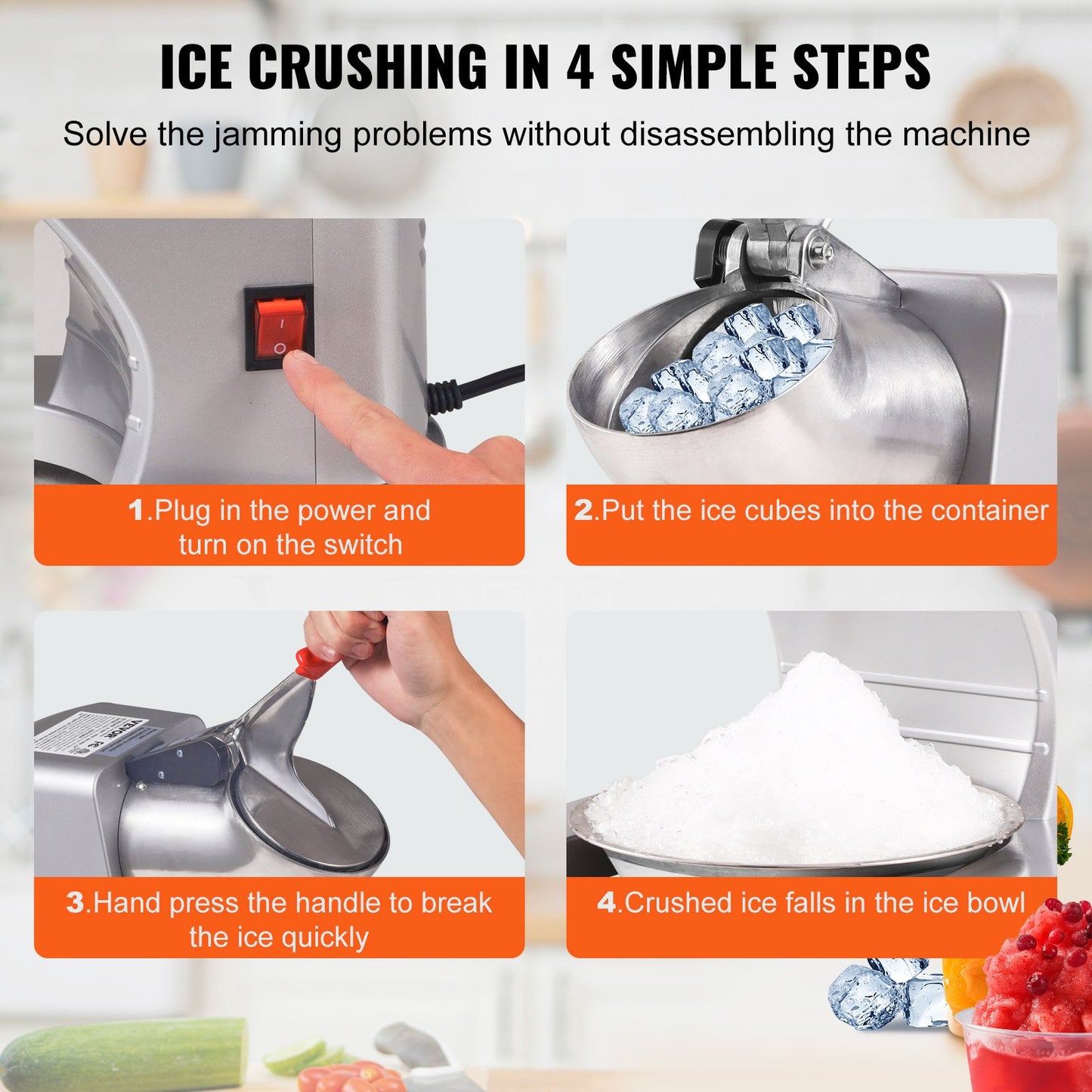 VEVOR Ice Crushers Machine, 220lbs Per Hour Electric Snow Cone Maker with 4 Blades, 300W Electric Ice Crusher with Cover and Bowl for Home and Commercial Use, Silver