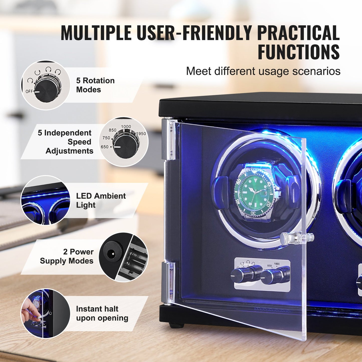 VEVOR Watch Winder, Dual Watch Winder for Men's and Women's Automatic Watch, with 2 Super Quiet Japanese Mabuchi Motors, Blue LED Light and Adapter, High-Density Board Shell and Black PU