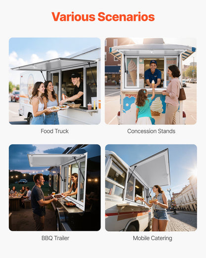 Concession Window 1346x838 mm, Aluminum Alloy Service Window for Food Truck, Up to 85 Degrees Stand Serving Window with 4 Sliding Windows, Awning Door, and Drag Hook, for Concession Trailers