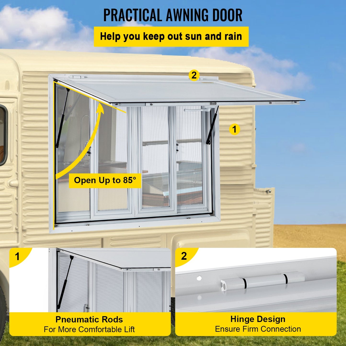 Concession Window, 91.4 x 91.4 cm Aluminum Alloy Food Truck Service Window with 4 Horizontal Sliding Screen Windows & Awning Door & Drag Hook, Serving Window for Food Trucks Concession Trailers
