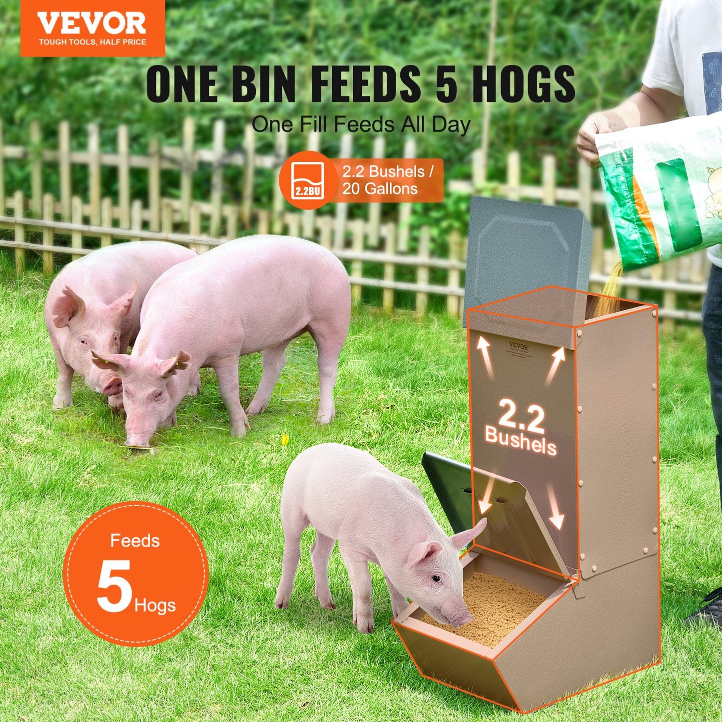 VEVOR Hog Feeder 2.2 Bushel Metal Double Door Pig Feeder Feeding up to 5 Hogs