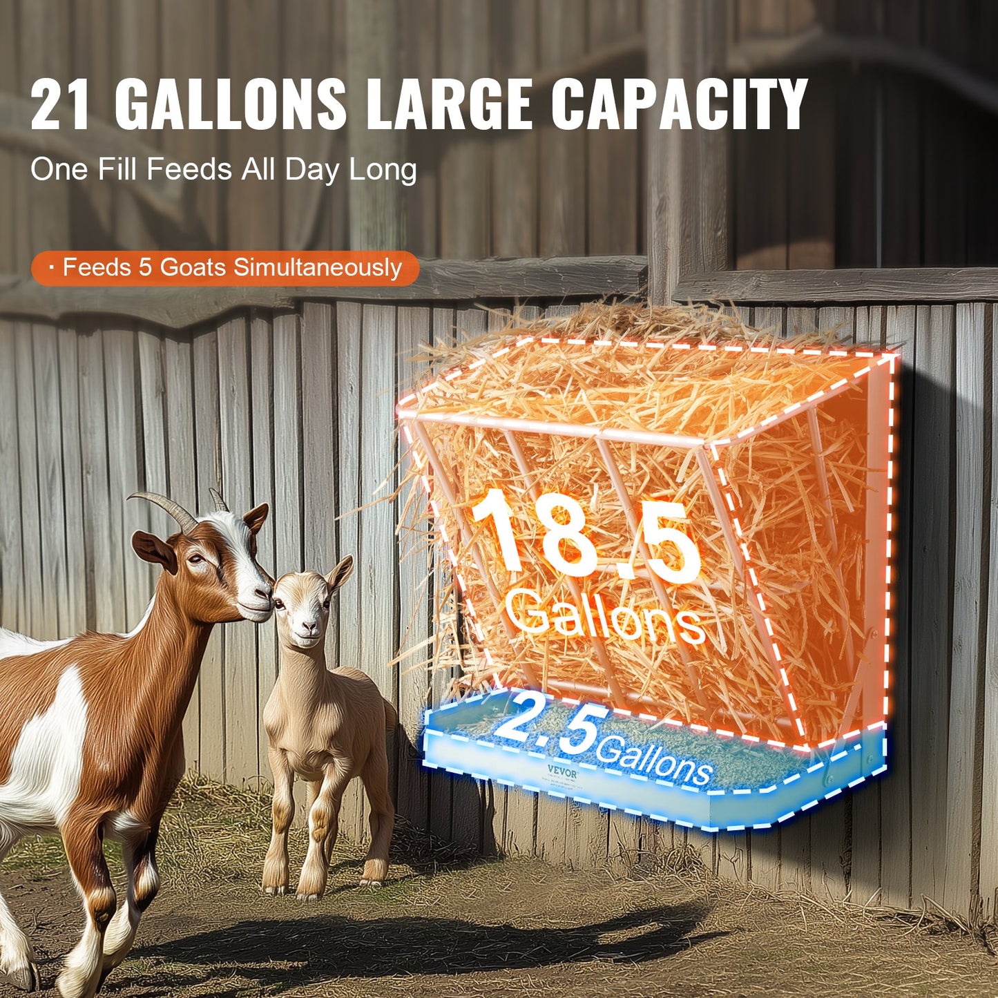 VEVOR Goat Hay Feeder, 21 Gallons Large Capacity, 2 in 1 Hay and Grain Feeder, Wall Mounted Livestock Feeder with Feed Tray, Multiple Sided Goat Hay Rack, Sturdy Steel Hay Rack for Sheep Horses
