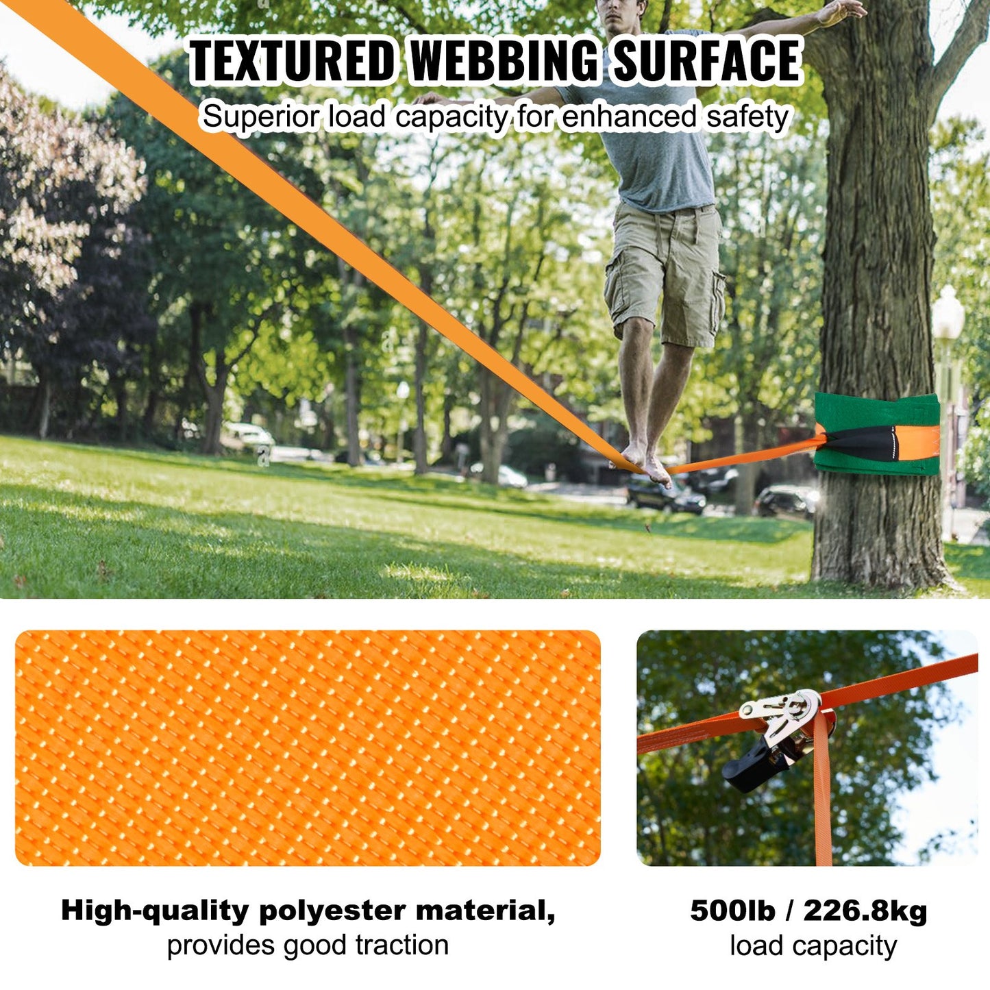 VEVOR Slackline Kit with Training Line, 18.3m Backyard Slack Line Equipment, Easy Setup Tight Rope for Kids Adults, Complete Slackline Set with Tree Protectors, Arm Trainer, Carry Bag, and Instruction