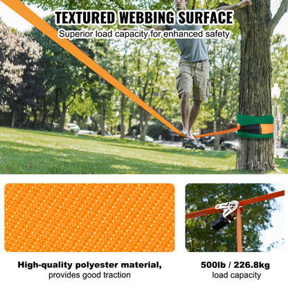 VEVOR Slackline Kit with Training Line, 18.3m Backyard Slack Line Equipment, Easy Setup Tight Rope for Kids Adults, Complete Slackline Set with Tree Protectors, Arm Trainer, Carry Bag, and Instruction