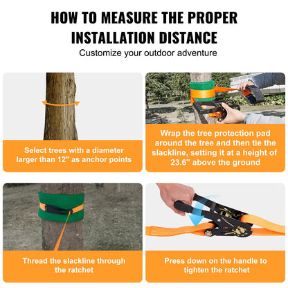 VEVOR Slackline Kit with Training Line, 18.3m Backyard Slack Line Equipment, Easy Setup Tight Rope for Kids Adults, Complete Slackline Set with Tree Protectors, Arm Trainer, Carry Bag, and Instruction