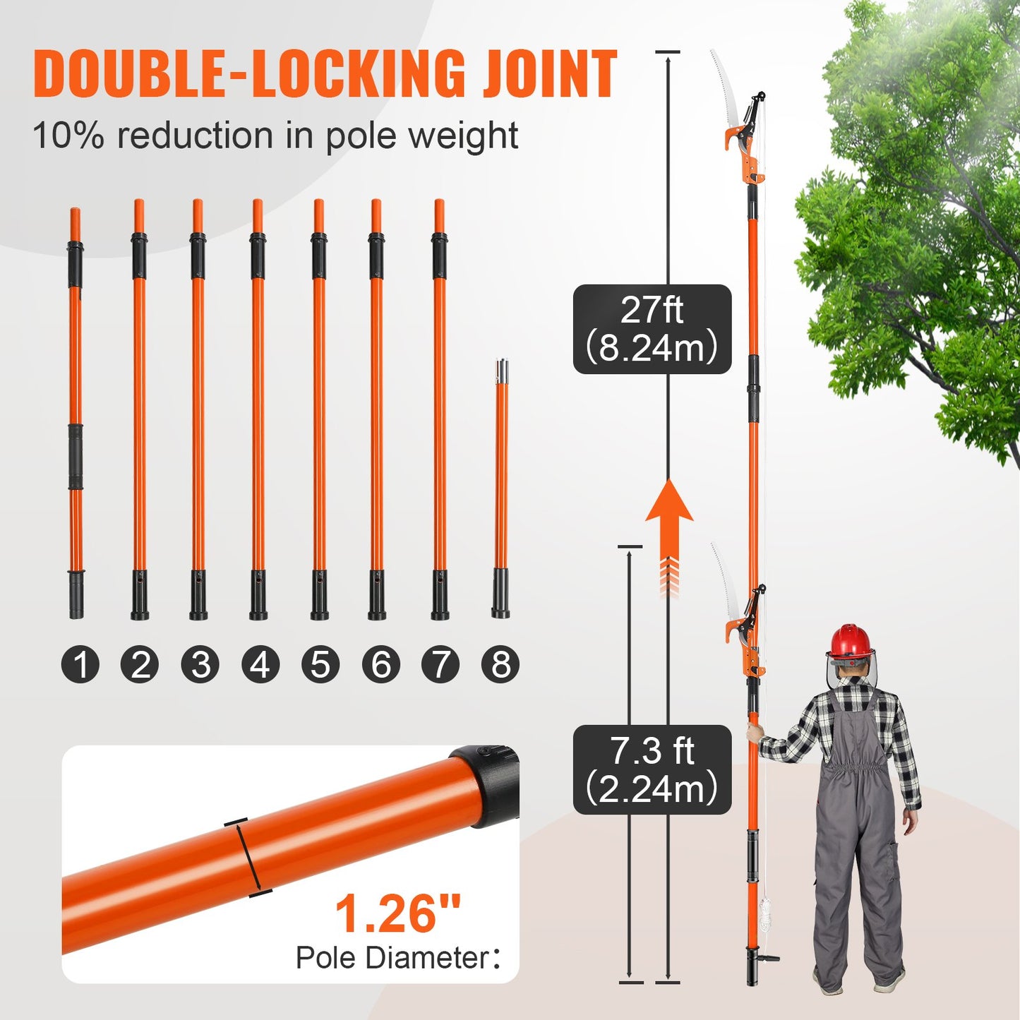 VEVOR Manual Pole Saw, 2.24 m-8.24 m Extendable Tree Pruner, Sharp Steel Blade and Scissors High Branches Trimming, Branch Trimmer with Lightweight 8 Fiberglass Handles, for Pruning Palms and Shrubs