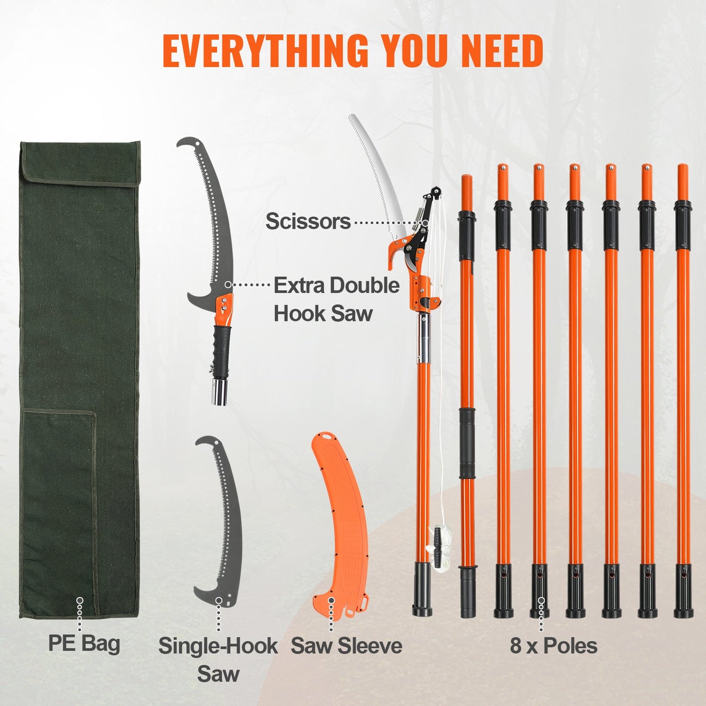 VEVOR Manual Pole Saw, 2.24 m-8.24 m Extendable Tree Pruner, Sharp Steel Blade and Scissors High Branches Trimming, Branch Trimmer with Lightweight 8 Fiberglass Handles, for Pruning Palms and Shrubs