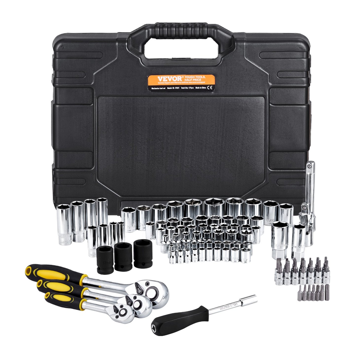 VEVOR 121-Piece Mechanics Tool Set 1/4" 3/8" 1/2" Drive Sockets SAE and Metric