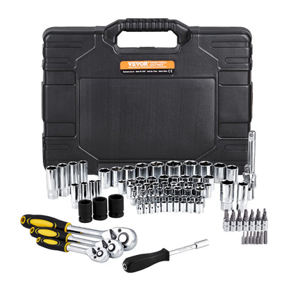 VEVOR 121-Piece Mechanics Tool Set 1/4" 3/8" 1/2" Drive Sockets SAE and Metric