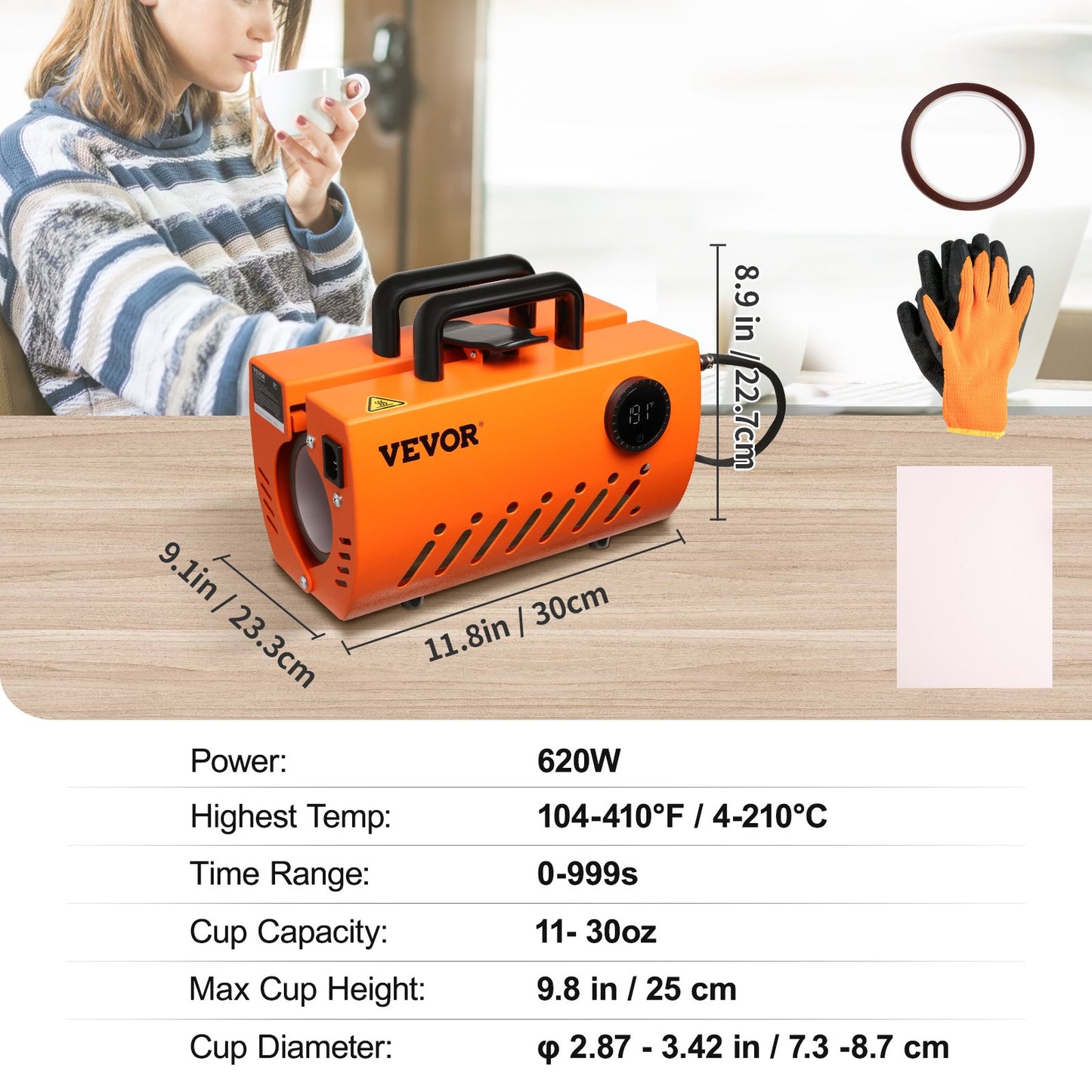 VEVOR Mug Heat Press, 30oz Tumbler Heat Press Machine, Sublimation Transfer 11-15oz 16-25oz 30oz Straight Skinny Tumblers, Cup Heat Press with Heat-resist Gloves & Tape, DIY Ceramic Mugs Cups Glasses