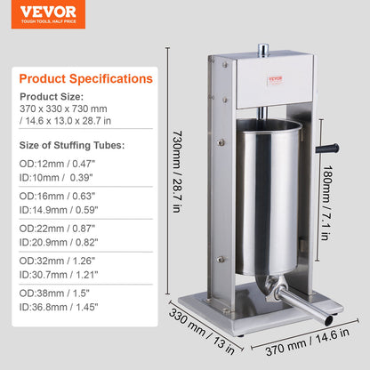 VEVOR Manual Sausage Stuffer 15 L Vertical Sausage Machine 304 Stainless Steel