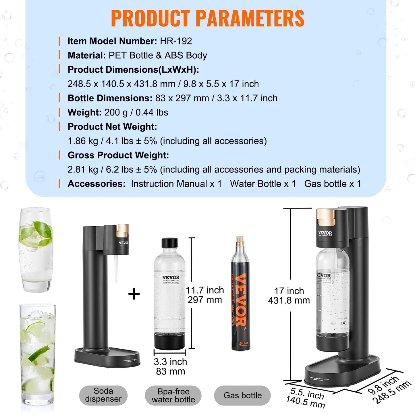 VEVOR Sparkling Water Maker, Soda Maker Machine for Home Carbonating, Seltzer Water Starter Kit with BPA-free 1L PET Bottle, CO2 Cylinder, Compatible with Mainstream Screw-in 60L CO2 Cylinder