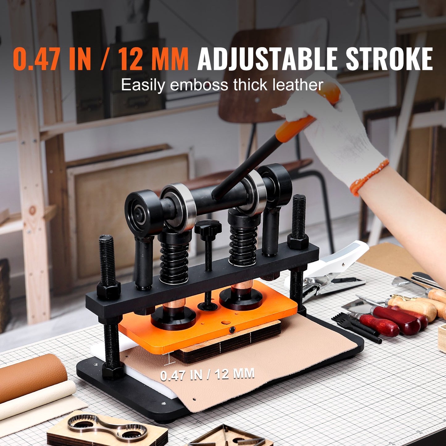 VEVOR Leather Cutting Machine, 10.2 x 4.7 in Embossing Plate Manual Die Cutter, 0.47 in Pressure Stroke Leather Embossing Machine, Dual Guide Shafts Die Cut Machine for Various of Materials