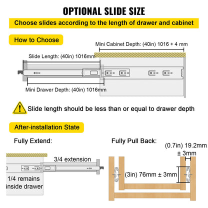 VEVOR Drawer Slides with Lock, 1 Pair 40 inch, Heavy-Duty Industrial Steel up to 500 lbs Capacity, 3-Fold Full Extension, Ball Bearing Lock-in & Lock-Out, Side Mount