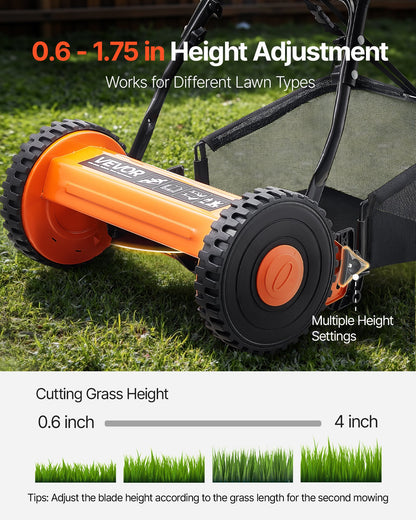VEVOR 40cm Push Reel Lawn Mower 5-Blade Adjustable Height Grass Catcher 2-Wheel