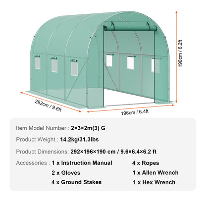 Walk-in Tunnel Greenhouse 9.58x6.43x6.23ft Galvanized Frame PE Cover Green