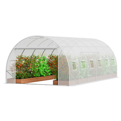 Walk-in Tunnel Greenhouse, 19.4x9.7x6.5 ft Hoop House Greenhouse Tunnel, Plant Hot House with Galvanized Steel Frame, White PE Cover, Roll-up Zipper Door and 12 Windows for Outdoor