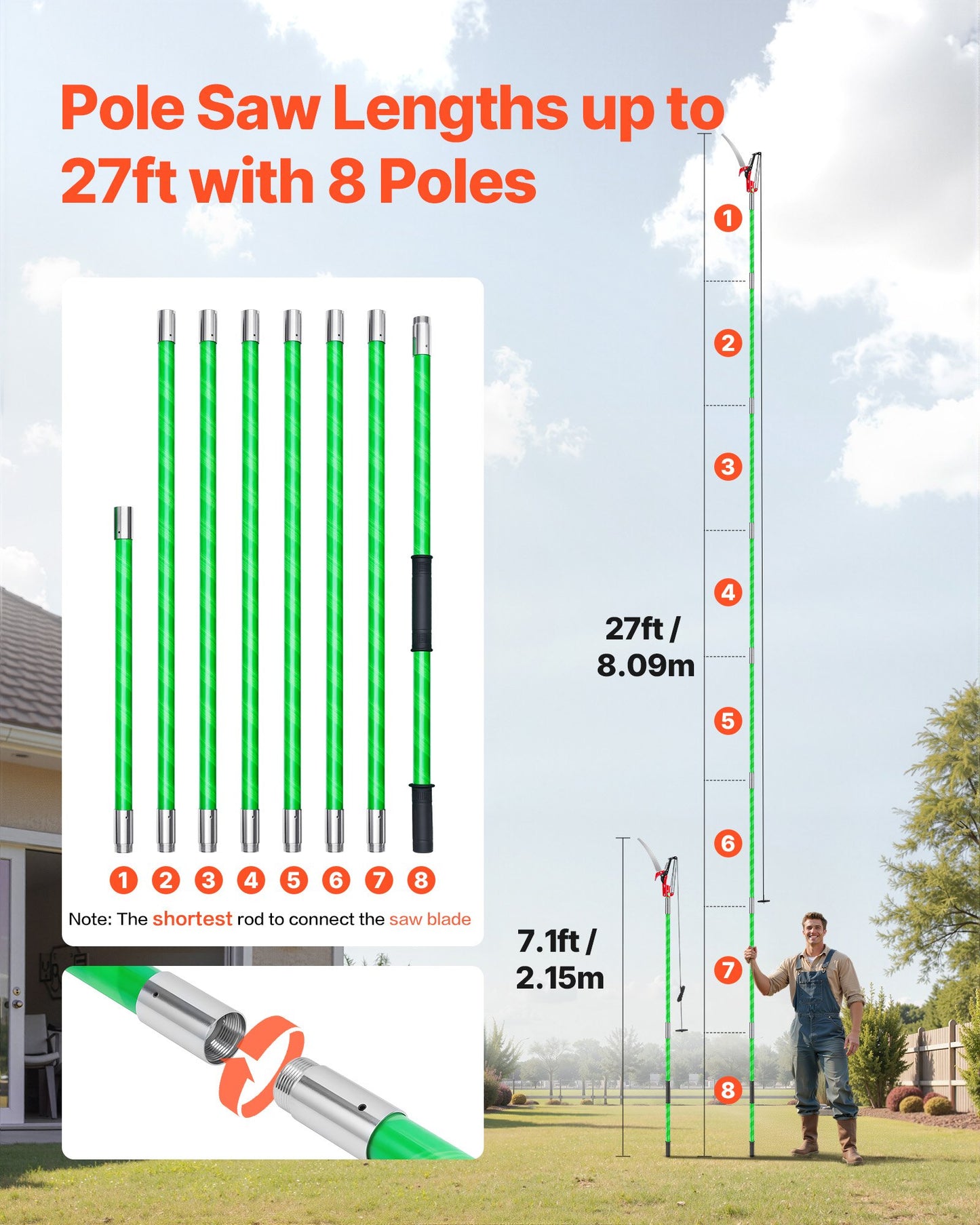 VEVOR Manual Pole Saw, 118-809.3 cm Extendable Pole Tree Pruner with Scissors, Sharp 65Mn Steel Blade, Lightweight Fiberglass Handle Pole, for High Branch Trimming, Pruning Tool for Palms and Shrubs