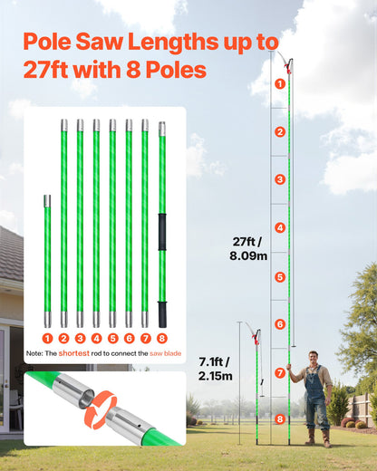 VEVOR Manual Pole Saw, 118-809.3 cm Extendable Pole Tree Pruner with Scissors, Sharp 65Mn Steel Blade, Lightweight Fiberglass Handle Pole, for High Branch Trimming, Pruning Tool for Palms and Shrubs