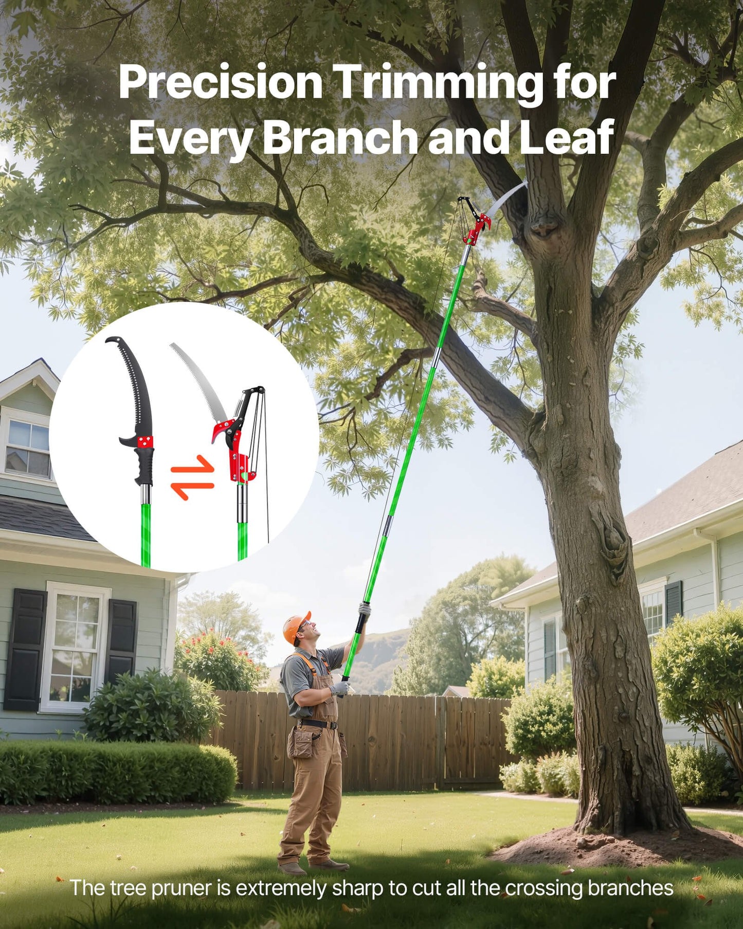 VEVOR Manual Pole Saw, 118-809.3 cm Extendable Pole Tree Pruner with Scissors, Sharp 65Mn Steel Blade, Lightweight Fiberglass Handle Pole, for High Branch Trimming, Pruning Tool for Palms and Shrubs