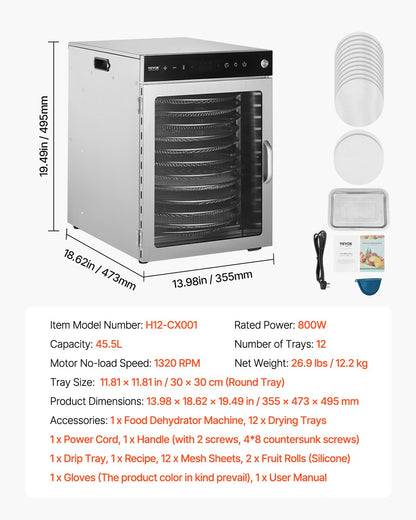 VEVOR 12 Trays Rotary Food Dehydrator Machine Stainless Steel 800W Fruit Drying