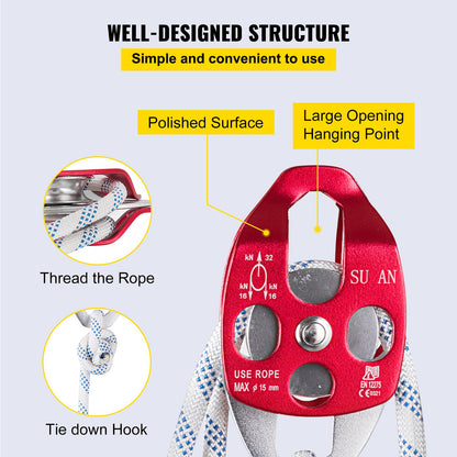 VEVOR Twin Sheave Block and Tackle 1.02-1.27cm 3048-6096cm Twin Sheave Block with Braid Rope 2993.71-3494.93kgs Double Pulley Rigging