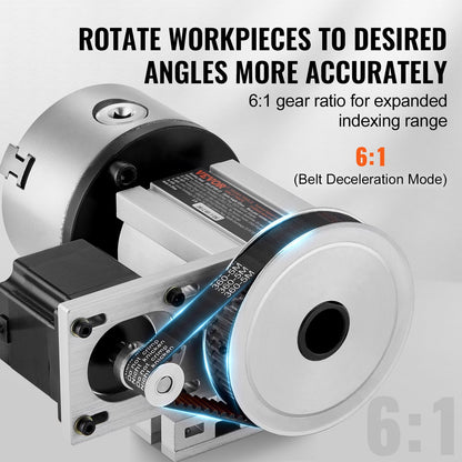 VEVOR Dividing Head, K11-100mm 3-Jaw Chuck, CNC Router Milling Machine Rotational Axis 4th Axis A Axis Indexing Head, 65 mm Center Height MT2 Tailstock 6:1 Gear Ratio, Universal for Engraving