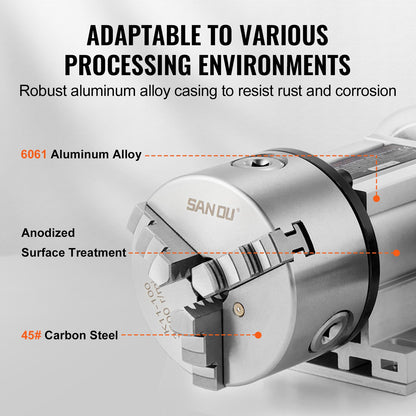 VEVOR Dividing Head, K11-100mm 3-Jaw Chuck, CNC Router Milling Machine Rotational Axis 4th Axis A Axis Indexing Head, 65 mm Center Height MT2 Tailstock 6:1 Gear Ratio, Universal for Engraving