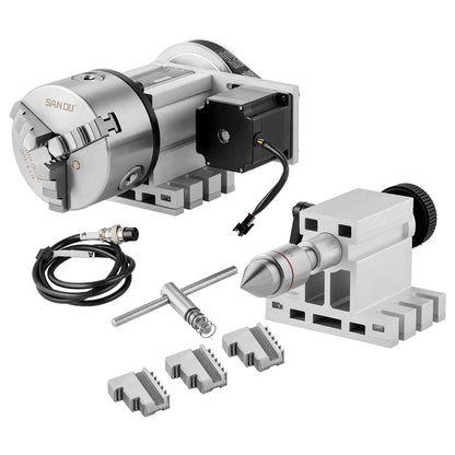 VEVOR Dividing Head, K11-100mm 3-Jaw Chuck, CNC Router Milling Machine Rotational Axis 4th Axis A Axis Indexing Head, 65 mm Center Height MT2 Tailstock 6:1 Gear Ratio, Universal for Engraving
