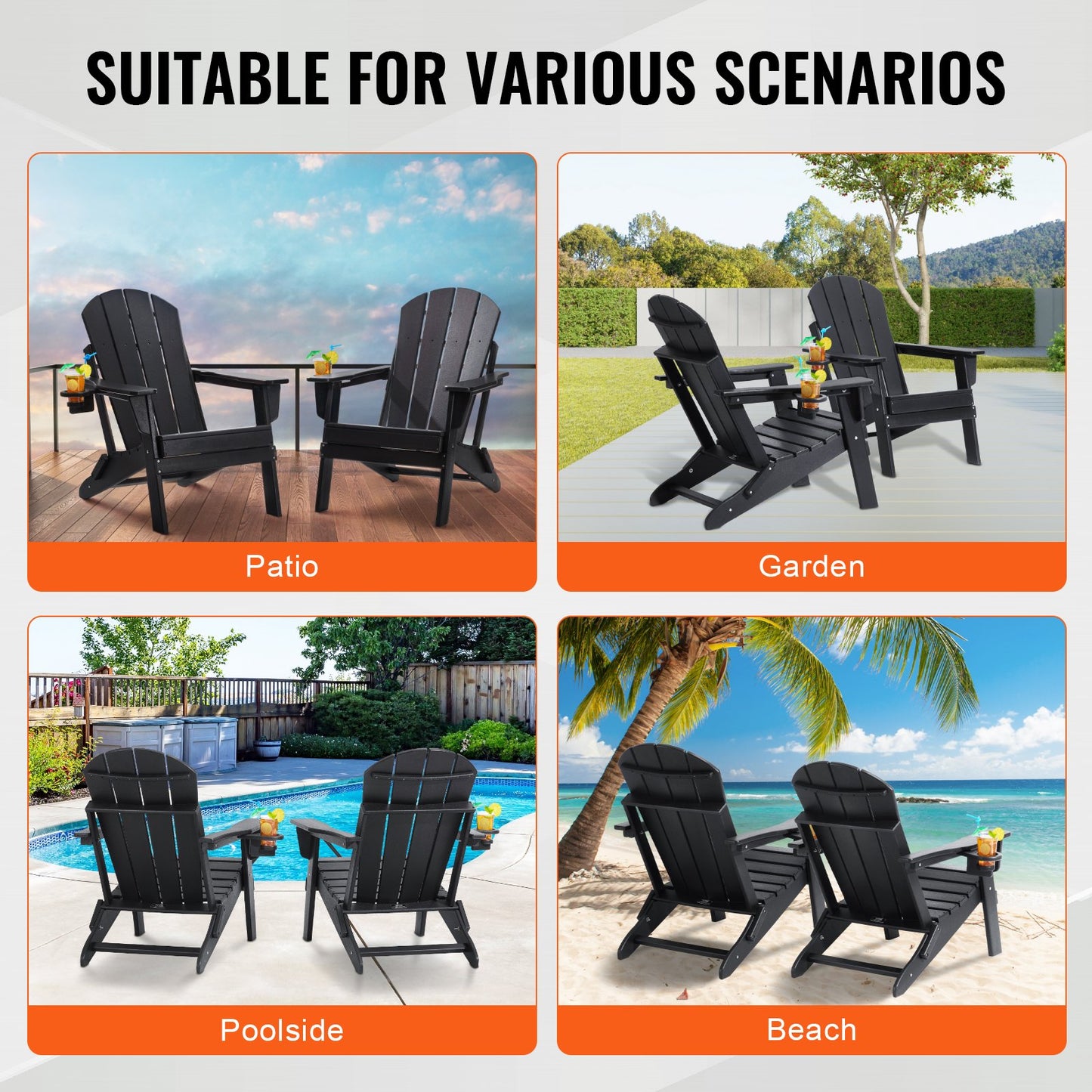 Adirondack Chair Plastic, Set of 2 All-Weather Portable Folding Fire Pit Chair, Outdoor Adirondack Patio Chair with Cup Holder, with Relaxing Arm Rest Ergonomic, for Garden, Backyard - Black