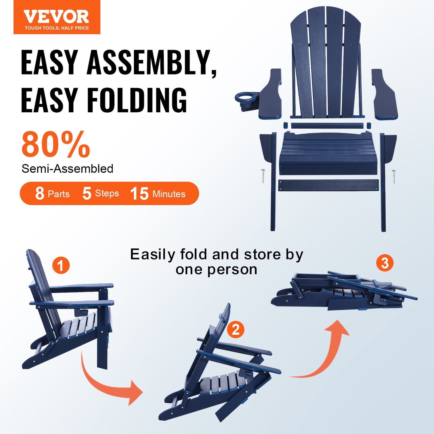 Adirondack Chair Plastic, Set of 2 All-Weather Portable Folding Fire Pit Chair, Outdoor Adirondack Patio Chair with Cup Holder, with Relaxing Arm Rest Ergonomic, for Garden, Backyard Navy Blue
