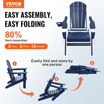 Adirondack Chair Plastic, Set of 2 All-Weather Portable Folding Fire Pit Chair, Outdoor Adirondack Patio Chair with Cup Holder, with Relaxing Arm Rest Ergonomic, for Garden, Backyard Navy Blue