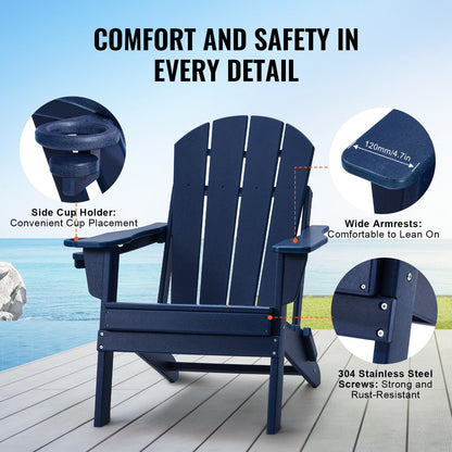 Adirondack Chair Plastic, Set of 2 All-Weather Portable Folding Fire Pit Chair, Outdoor Adirondack Patio Chair with Cup Holder, with Relaxing Arm Rest Ergonomic, for Garden, Backyard Navy Blue