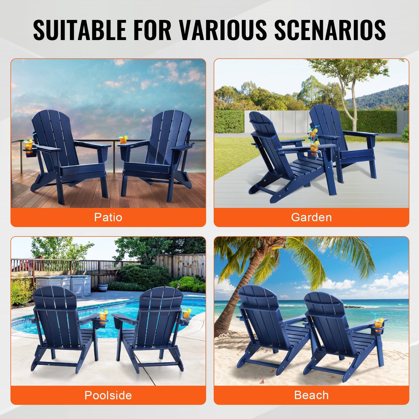 Adirondack Chair Plastic, Set of 2 All-Weather Portable Folding Fire Pit Chair, Outdoor Adirondack Patio Chair with Cup Holder, with Relaxing Arm Rest Ergonomic, for Garden, Backyard Navy Blue