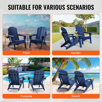 Adirondack Chair Plastic, Set of 2 All-Weather Portable Folding Fire Pit Chair, Outdoor Adirondack Patio Chair with Cup Holder, with Relaxing Arm Rest Ergonomic, for Garden, Backyard Navy Blue