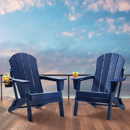 Adirondack Chair Plastic, Set of 2 All-Weather Portable Folding Fire Pit Chair, Outdoor Adirondack Patio Chair with Cup Holder, with Relaxing Arm Rest Ergonomic, for Garden, Backyard Navy Blue