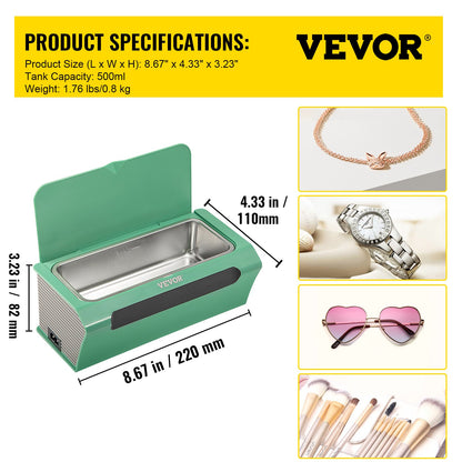 VEVOR Ultrasonic Cleaner Ultrasound Cleaning Machine 500ML Green for Jewelry