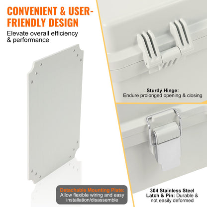 VEVOR Outdoor Electrical Junction Box, 430 x 330 x 180 mm, ABS Plastic Electrical Enclosure Box with Hinged Cover Stainless Steel Latch, IP67 Dustproof Waterproof for Outdoor Electrical Projects, 17 x 13 x 7 inch
