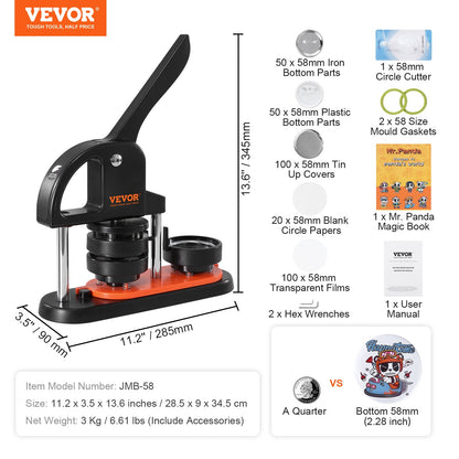 VEVOR Button Maker Machine, 2.28 inch/58mm Pin Maker, Installation-Free Badge Punch Press Kit, Children DIY Gifts Button Making Supplies with 100pcs Button Parts, Circle Cutter, Magic Book