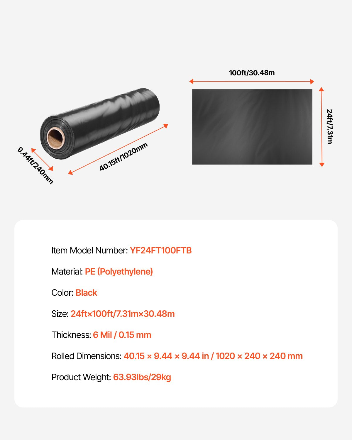 VEVOR 6Mil Plastic Sheeting Roll 24 x 100 FT Heavy Duty Polyethylene Black
