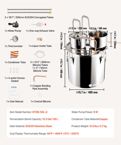 VEVOR Moonshine Still Water Alcohol Distiller 13.2Gal w/Thumper Keg & Water Pump