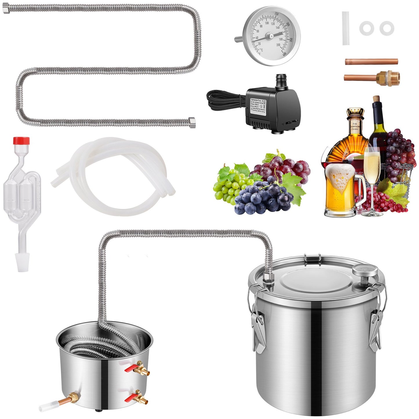VEVOR Moonshine Still Water Alcohol Distiller 3Gal w/ Water Pump Stainless Steel