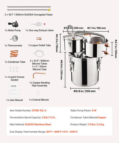 VEVOR Moonshine Still Water Alcohol Distiller 3Gal w/Thumper Keg & 8W Water Pump