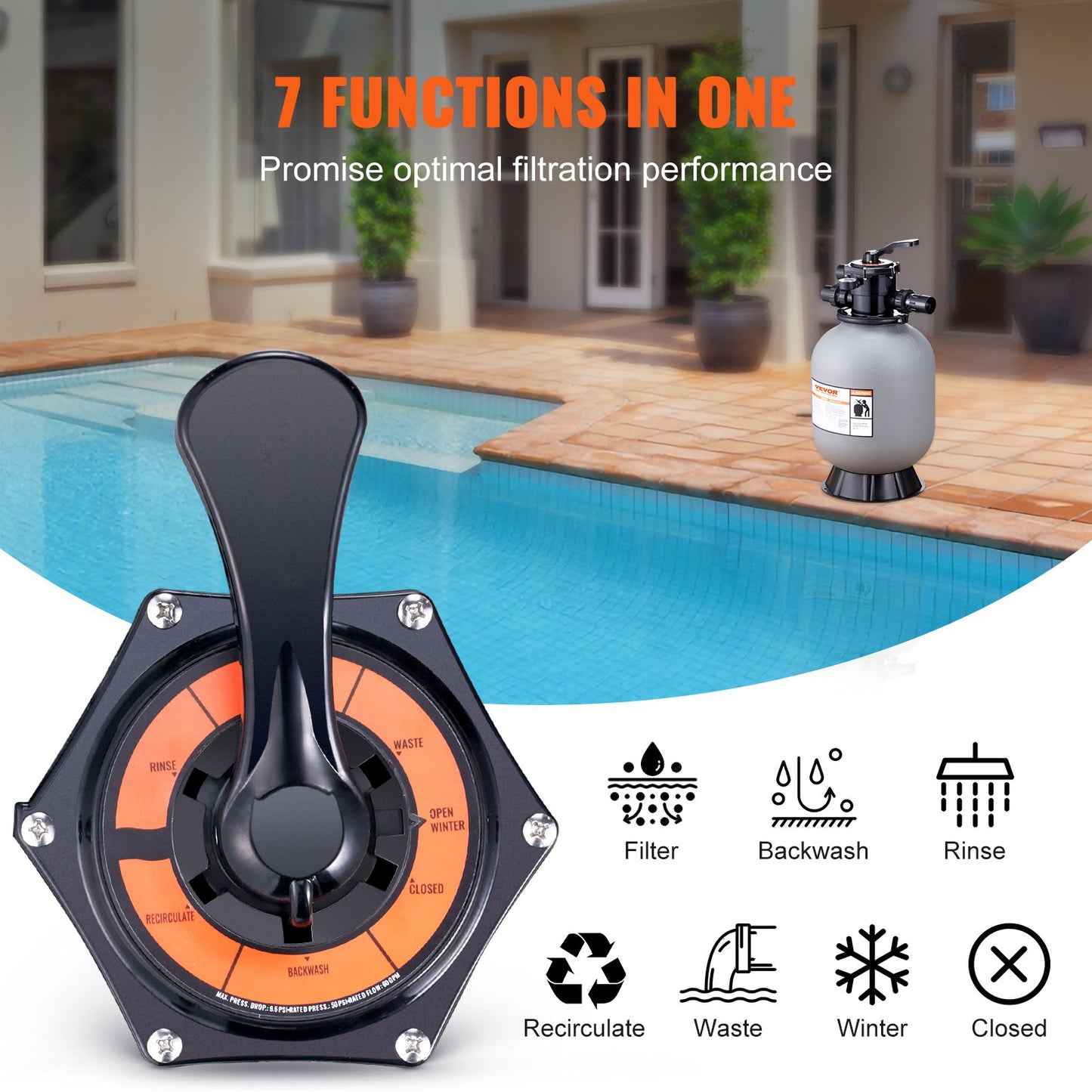 VEVOR Sand Filter, 16-inch, 406.4mm, Up to 35 GPM Flow Rate, Above Inground Swimming Pool Sand Filter System with 7-Way Multi-Port Valve, Filter, Backwash, Rinse, Recirculate, Waste, Winter, Closed Functions