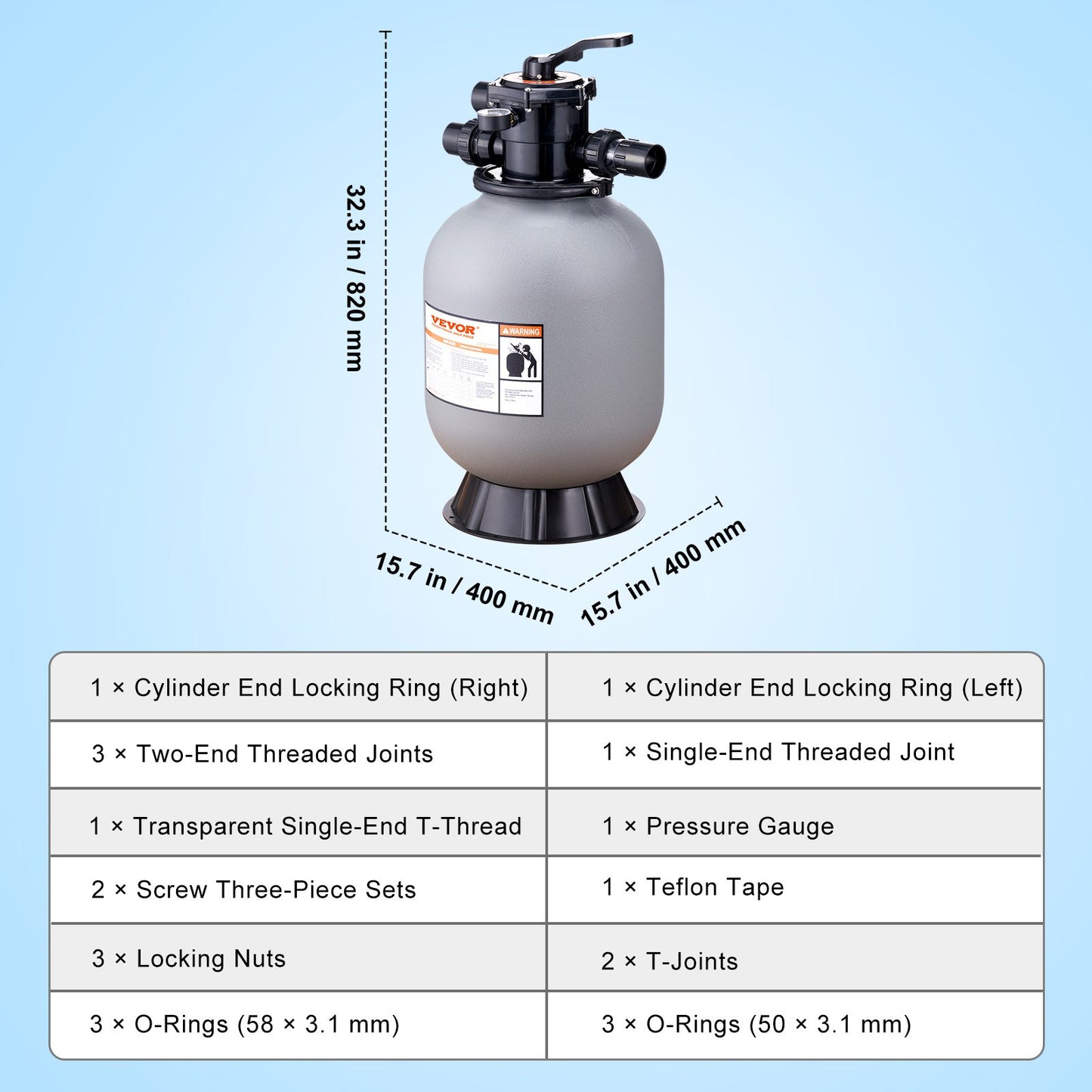 VEVOR Sand Filter, 16-inch, 406.4mm, Up to 35 GPM Flow Rate, Above Inground Swimming Pool Sand Filter System with 7-Way Multi-Port Valve, Filter, Backwash, Rinse, Recirculate, Waste, Winter, Closed Functions