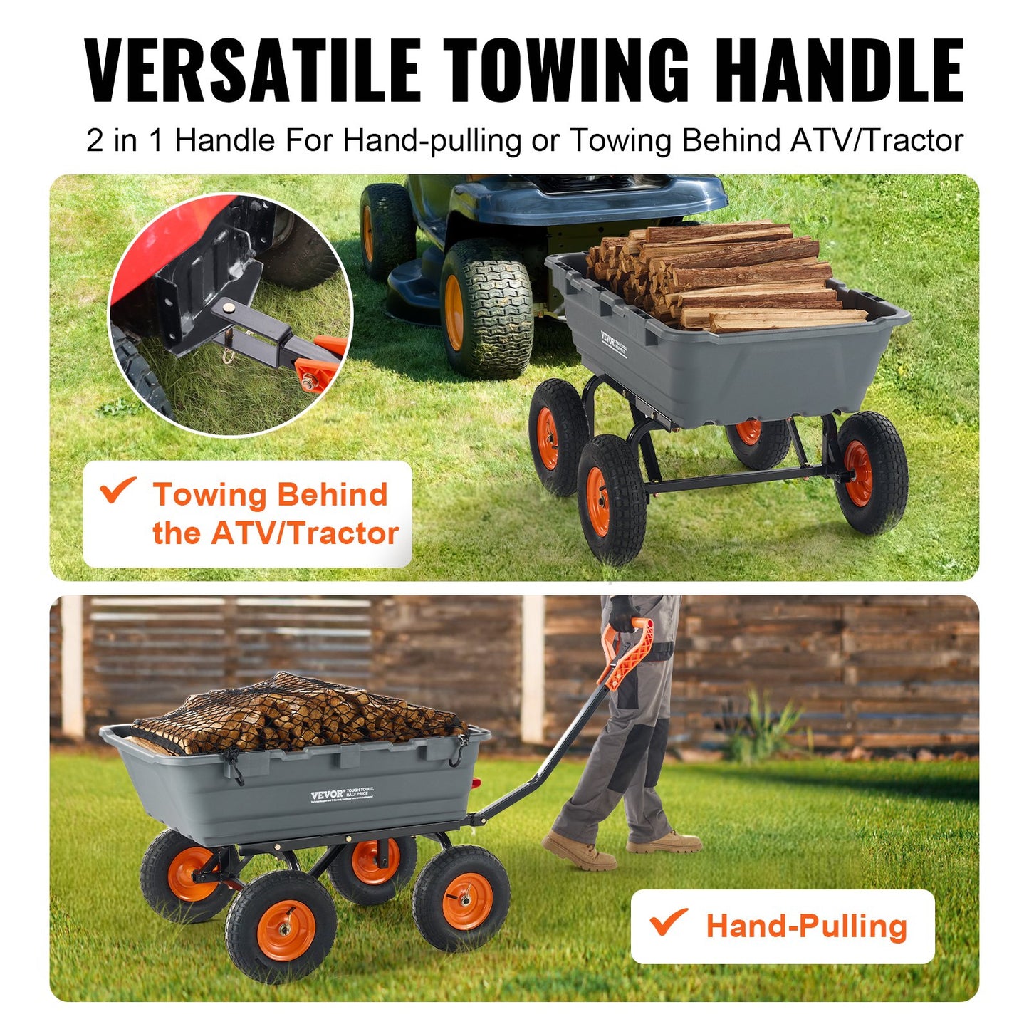 VEVOR Dump Cart, Poly Garden Dump Cart with Easy to Assemble Steel Frame, Dump Wagon with 2-in-1 Convertible Handle, Utility Wheelbarrow  544kg/ 1200lbs Capacity, 33cm/ 13 inch Tires